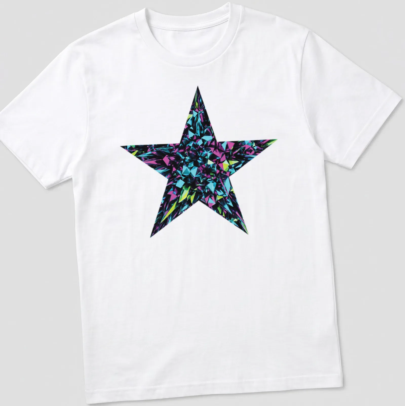3D art of a crystal star burst in metallic blue, purple, green, and black — printed on a unisex t-shirt