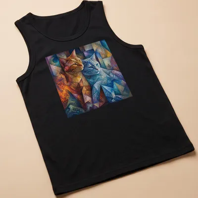 Cubist style illustration of an orange tabby and gray cat in vibrant colors — printed on a tank top