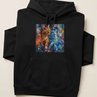 Cubist style illustration of an orange tabby and gray cat in vibrant colors — printed on a unisex hoodie