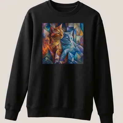 Cubist style illustration of an orange tabby and gray cat in vibrant colors — printed on a unisex sweatshirt