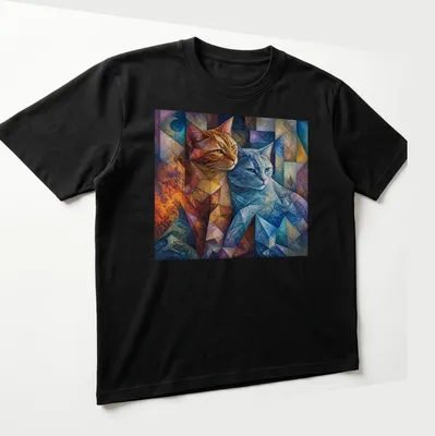 Cubist style illustration of an orange tabby and gray cat in vibrant colors — printed on a unisex t-shirt (angled view)