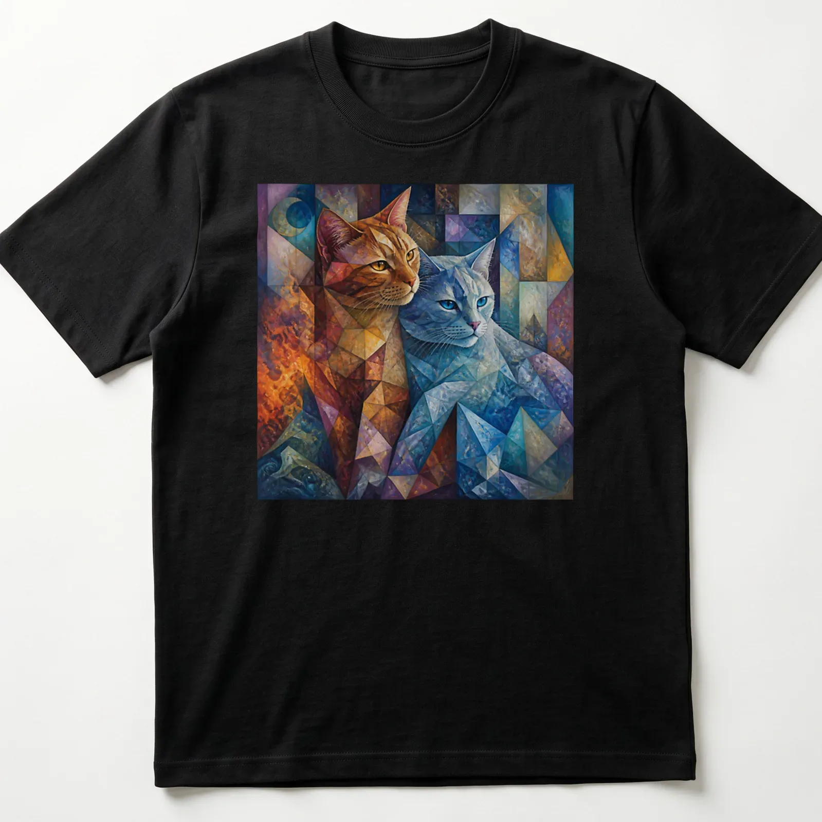 Cubist style illustration of an orange tabby and gray cat in vibrant colors — printed on a unisex t-shirt