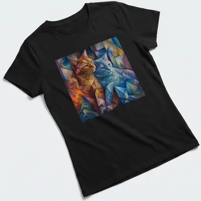 Cubist style illustration of an orange tabby and gray cat in vibrant colors — printed on a women's shirt