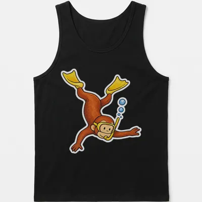 Colorful cartoon of Curious George snorkeling on a blue backdrop — printed on a tank top