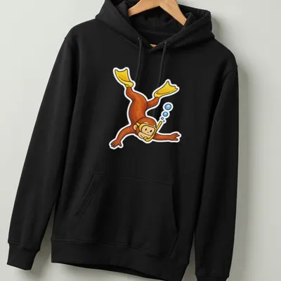Colorful cartoon of Curious George snorkeling on a blue backdrop — printed on a unisex hoodie