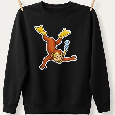 Colorful cartoon of Curious George snorkeling on a blue backdrop — printed on a unisex sweatshirt