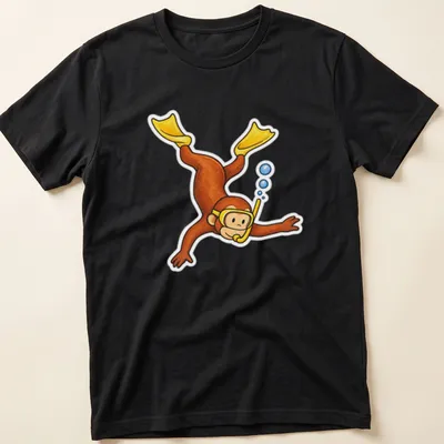 Colorful cartoon of Curious George snorkeling on a blue backdrop
