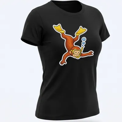 Colorful cartoon of Curious George snorkeling on a blue backdrop — printed on a women's shirt