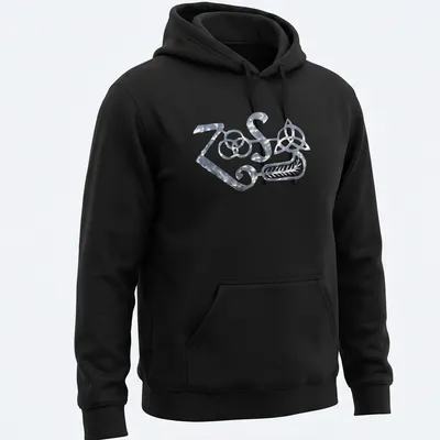 Metallic ZOS logo T-shirt for rock band fans — printed on a unisex hoodie