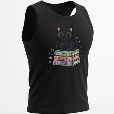 Kawaii design of a black cat reading colorful books with text 'POEMS STORIES HISTORY' — printed on a tank top