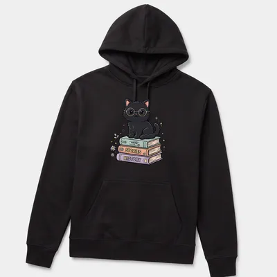 Kawaii design of a black cat reading colorful books with text 'POEMS STORIES HISTORY' — printed on a unisex hoodie
