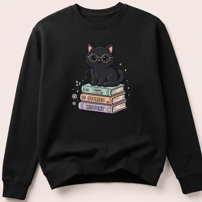 Kawaii design of a black cat reading colorful books with text 'POEMS STORIES HISTORY' — printed on a unisex sweatshirt