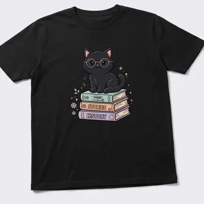 Kawaii design of a black cat reading colorful books with text 'POEMS STORIES HISTORY'