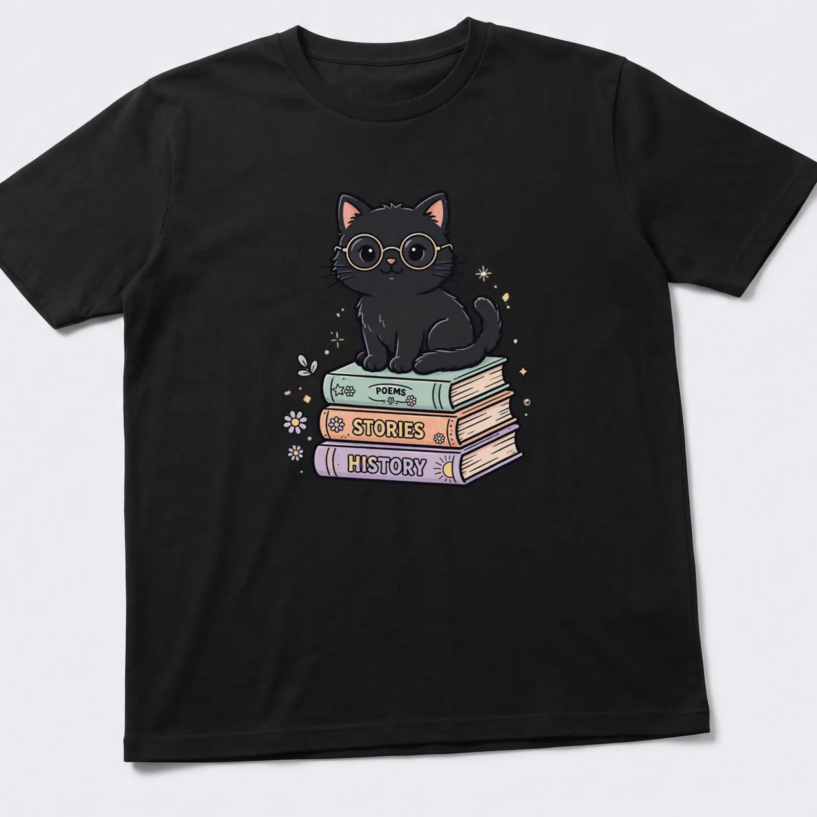 Kawaii design of a black cat reading colorful books with text 'POEMS STORIES HISTORY' — printed on a unisex t-shirt