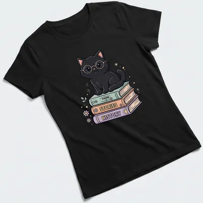 Kawaii design of a black cat reading colorful books with text 'POEMS STORIES HISTORY' — printed on a women's shirt