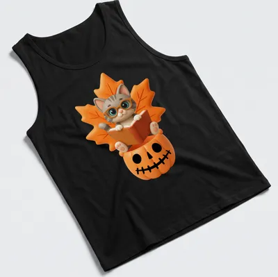 Kawaii design of a cute cat reading a book inside a pumpkin, surrounded by fall leaves — printed on a tank top