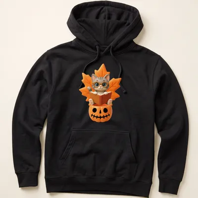 Kawaii design of a cute cat reading a book inside a pumpkin, surrounded by fall leaves — printed on a unisex hoodie