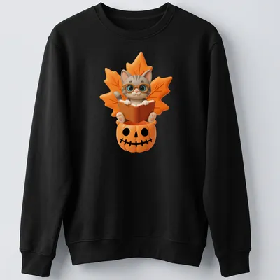 Kawaii design of a cute cat reading a book inside a pumpkin, surrounded by fall leaves — printed on a unisex sweatshirt