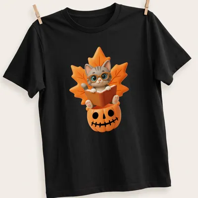 Kawaii design of a cute cat reading a book inside a pumpkin, surrounded by fall leaves