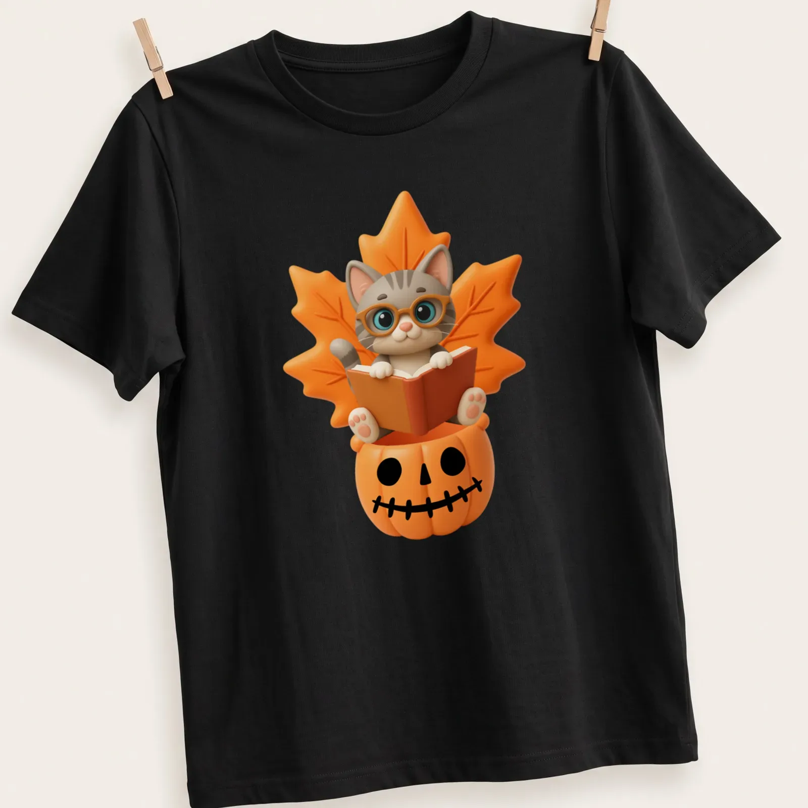 Kawaii design of a cute cat reading a book inside a pumpkin, surrounded by fall leaves — printed on a unisex t-shirt