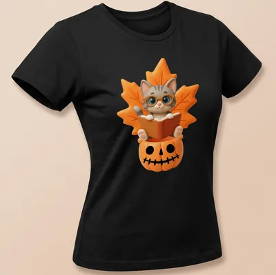 Kawaii design of a cute cat reading a book inside a pumpkin, surrounded by fall leaves — printed on a women's shirt