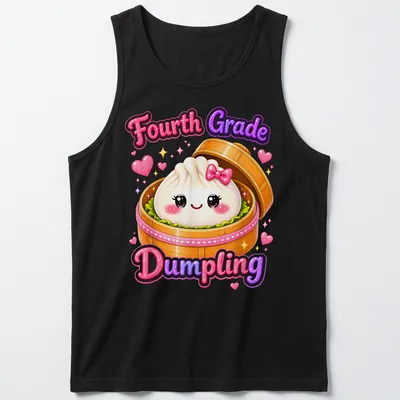 Kawaii style t-shirt featuring a cute dumpling with a smile and vibrant colors — printed on a tank top
