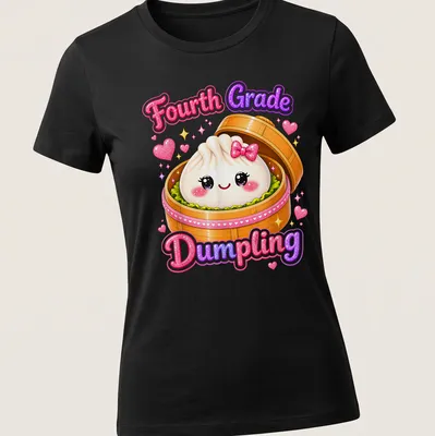 Kawaii style t-shirt featuring a cute dumpling with a smile and vibrant colors — printed on a women's shirt