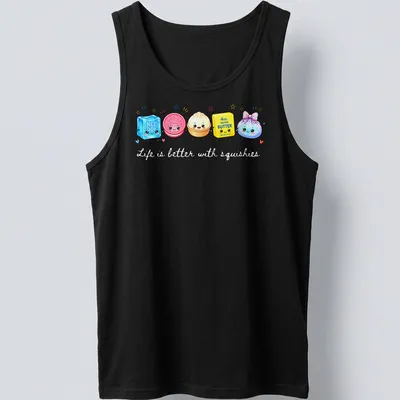 Kawaii cartoon print of cute food squishies with the text 'Life is better with squishies' — printed on a tank top