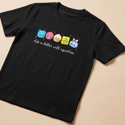 Kawaii cartoon print of cute food squishies with the text 'Life is better with squishies'