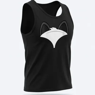 Minimalist illustration of a cute fox face in black on white background — printed on a tank top