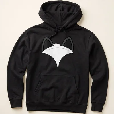 Minimalist illustration of a cute fox face in black on white background — printed on a unisex hoodie