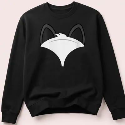 Minimalist illustration of a cute fox face in black on white background — printed on a unisex sweatshirt