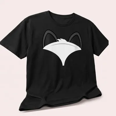 Minimalist illustration of a cute fox face in black on white background — printed on a unisex t-shirt (angled view)