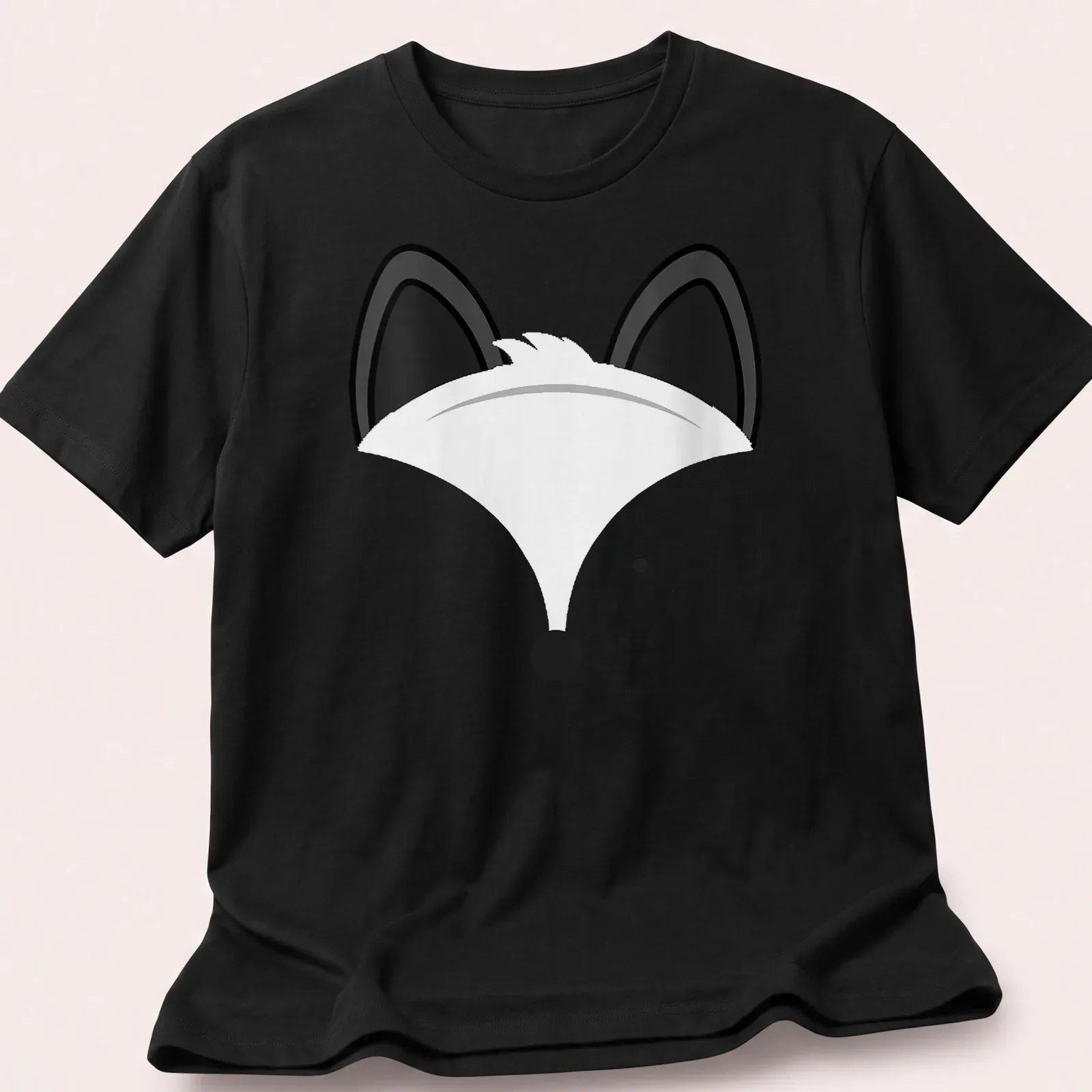 Minimalist illustration of a cute fox face in black on white background — printed on a unisex t-shirt