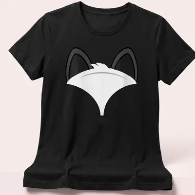 Minimalist illustration of a cute fox face in black on white background — printed on a women's shirt
