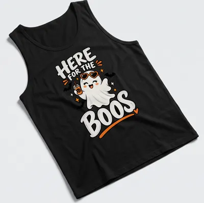 Kawaii style t-shirt featuring a cute ghost with text 'Here for the Boos'. — printed on a tank top