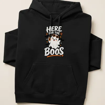 Kawaii style t-shirt featuring a cute ghost with text 'Here for the Boos'. — printed on a unisex hoodie