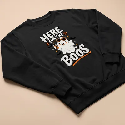 Kawaii style t-shirt featuring a cute ghost with text 'Here for the Boos'. — printed on a unisex sweatshirt