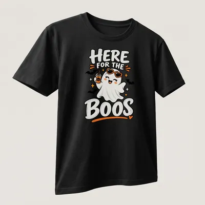 Kawaii style t-shirt featuring a cute ghost with text 'Here for the Boos'. — printed on a unisex t-shirt (angled view)