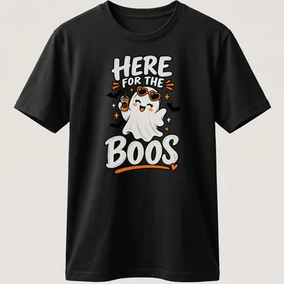 Kawaii style t-shirt featuring a cute ghost with text 'Here for the Boos'.