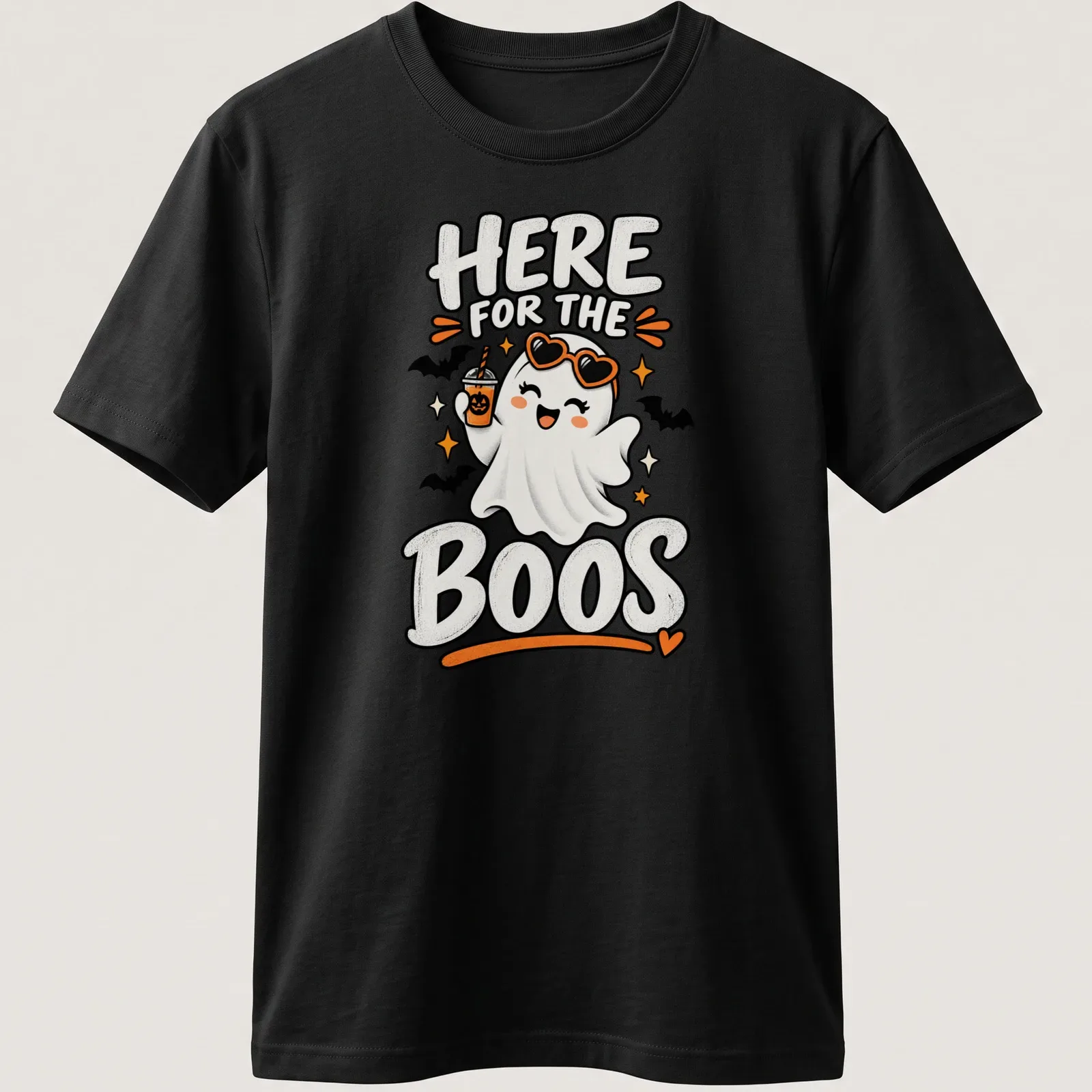 Kawaii style t-shirt featuring a cute ghost with text 'Here for the Boos'. — printed on a unisex t-shirt