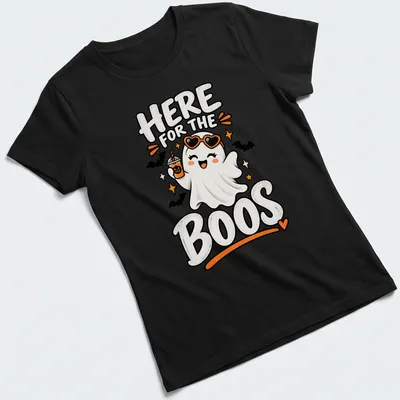 Kawaii style t-shirt featuring a cute ghost with text 'Here for the Boos'. — printed on a women's shirt