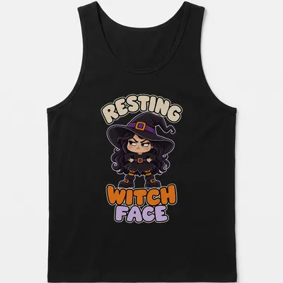 Kawaii grumpy witch illustration with Resting Witch Face text in purple, black, orange, and beige — printed on a tank top