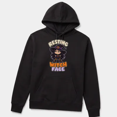Kawaii grumpy witch illustration with Resting Witch Face text in purple, black, orange, and beige — printed on a unisex hoodie