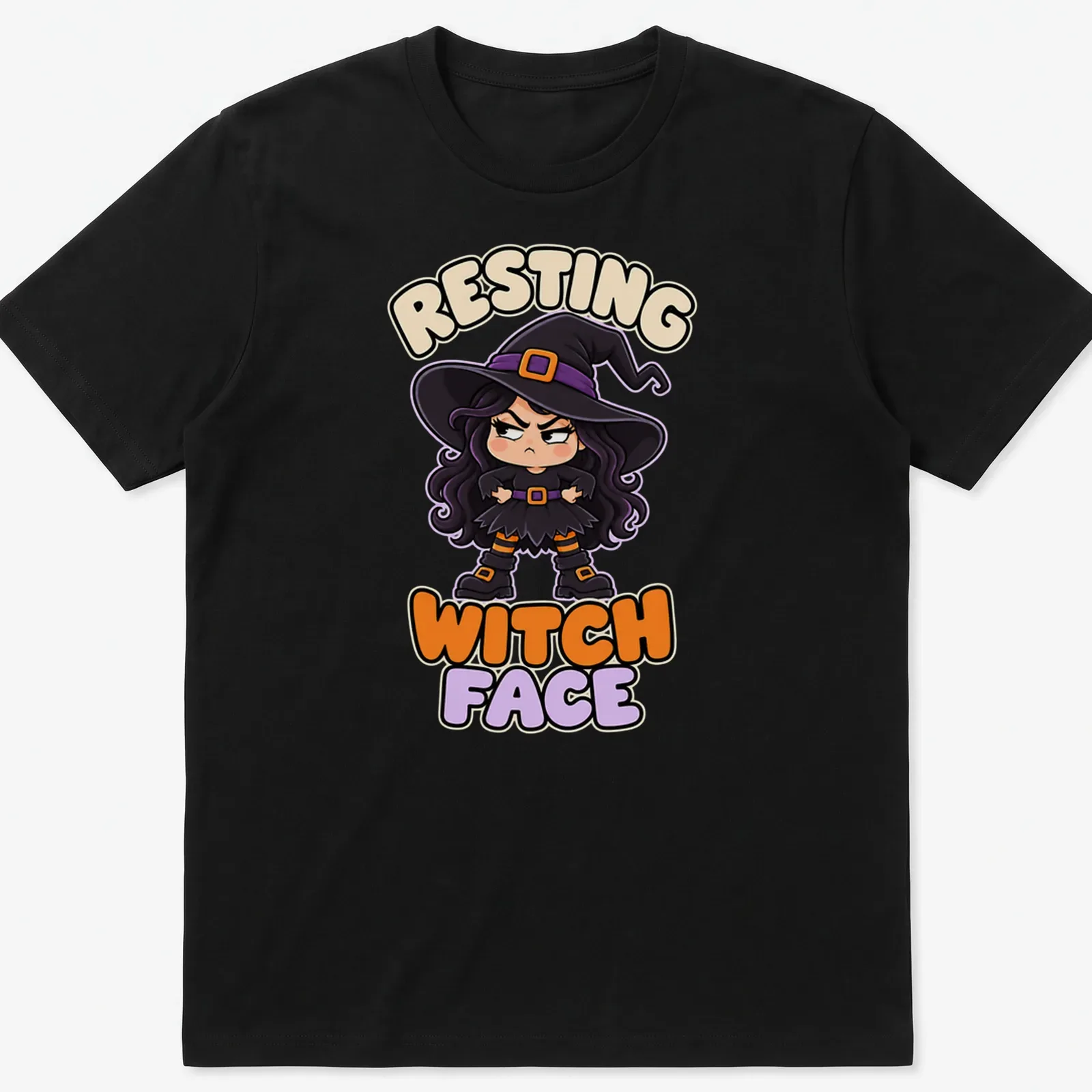 Kawaii grumpy witch illustration with Resting Witch Face text in purple, black, orange, and beige — printed on a unisex t-shirt