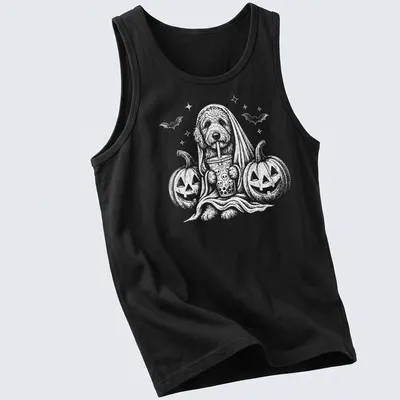Whimsical Goldendoodle ghost holding a boba drink for Halloween — printed on a tank top