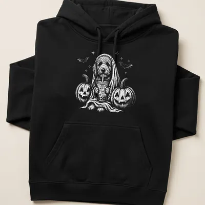 Whimsical Goldendoodle ghost holding a boba drink for Halloween — printed on a unisex hoodie