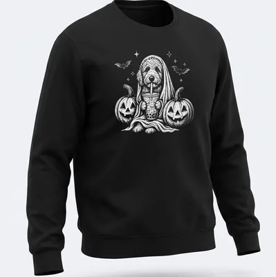 Whimsical Goldendoodle ghost holding a boba drink for Halloween — printed on a unisex sweatshirt