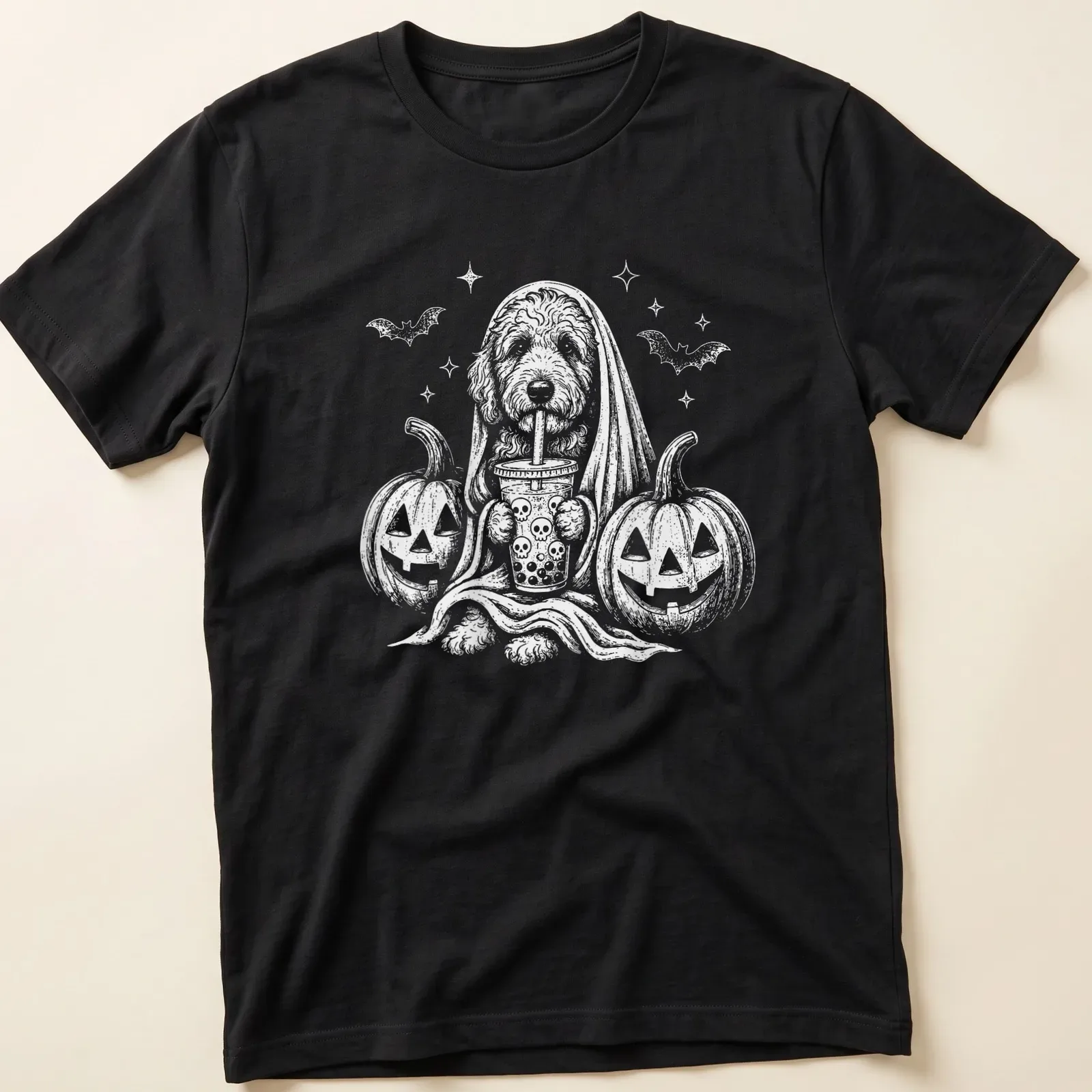 Whimsical Goldendoodle ghost holding a boba drink for Halloween — printed on a unisex t-shirt