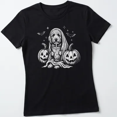 Whimsical Goldendoodle ghost holding a boba drink for Halloween — printed on a women's shirt